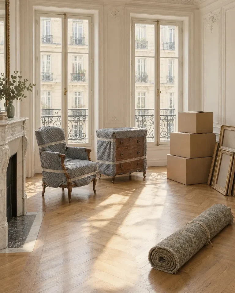 Illustration : salon haussmannien en cours de débarras, meubles protégés et cartons fermés