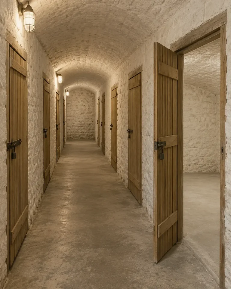 Illustration : couloir voûté de caves dans un immeuble ancien, portes en bois fermées par des cadenas, une cave ouverte et vide au premier plan.