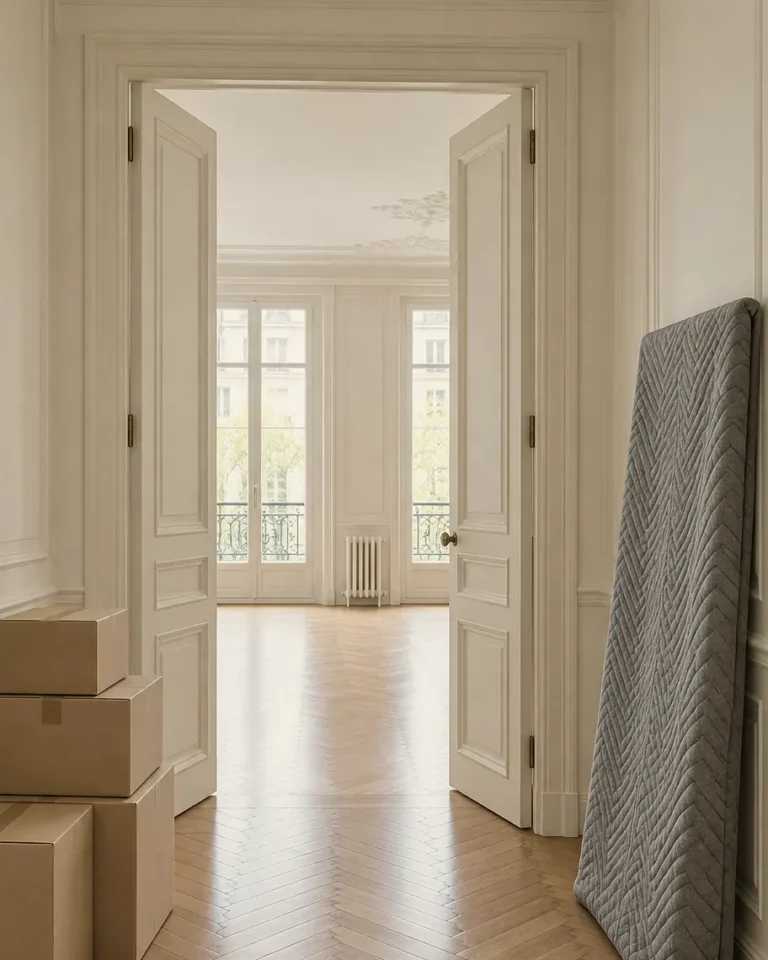 Illustration : entrée d’appartement ancien, cartons et matelas de protection prêts