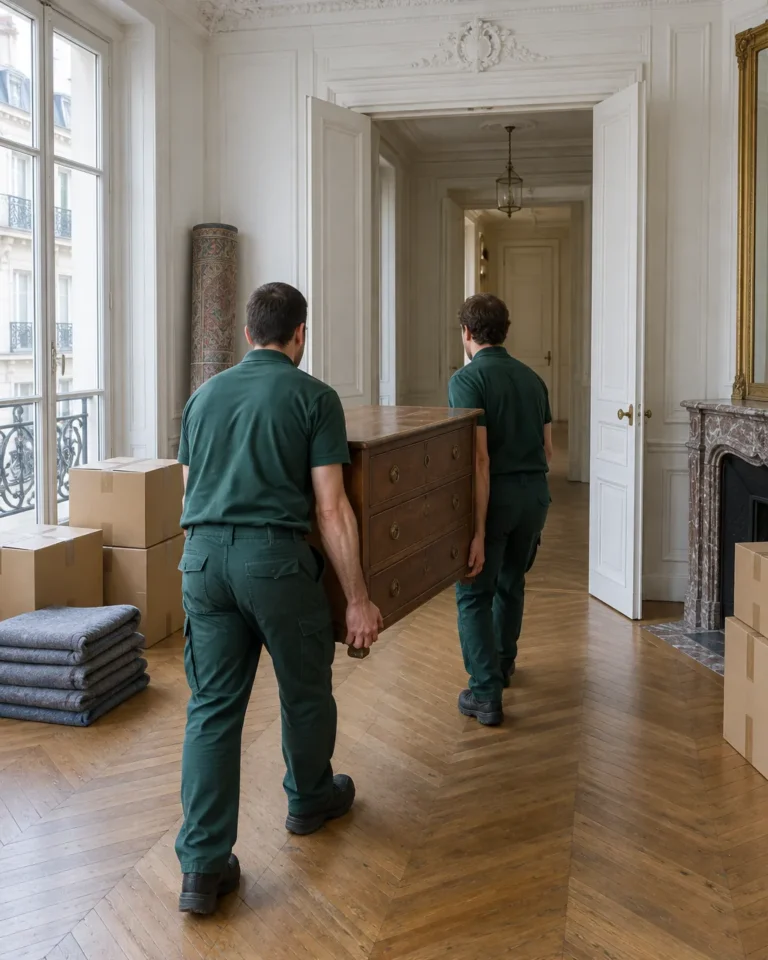 Illustration : deux intervenants en tenue verte portent une commode dans un appartement haussmannien au parquet en point de Hongrie, cartons et couvertures pliées près des fenêtres.