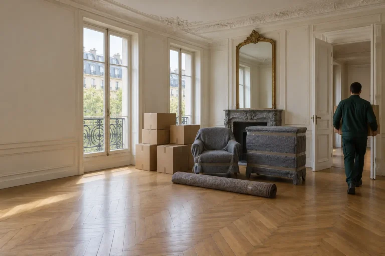 Illustration : salon d’appartement haussmannien en cours de débarras, cartons et meubles protégés