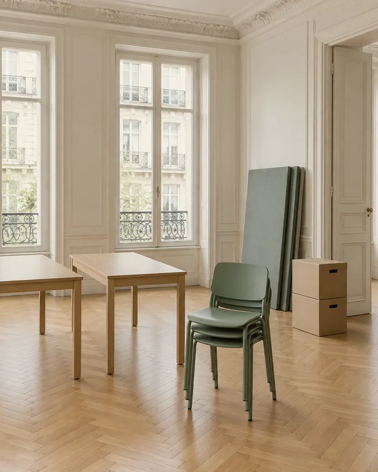 Illustration : bureaux vidés, tables et chaises regroupées dans un immeuble haussmannien
