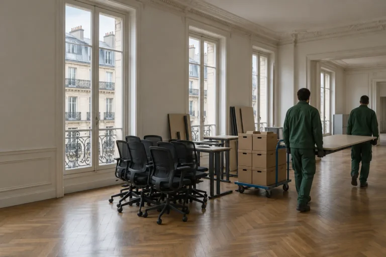 Illustration : plateau de bureaux en cours de débarras, chaises regroupées et cartons d’archives