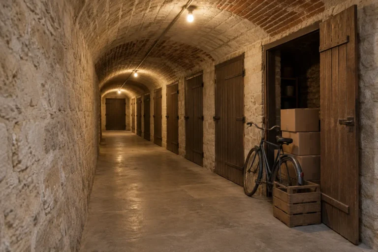 Illustration : couloir voûté de caves d’immeuble ancien, cartons prêts à être enlevés