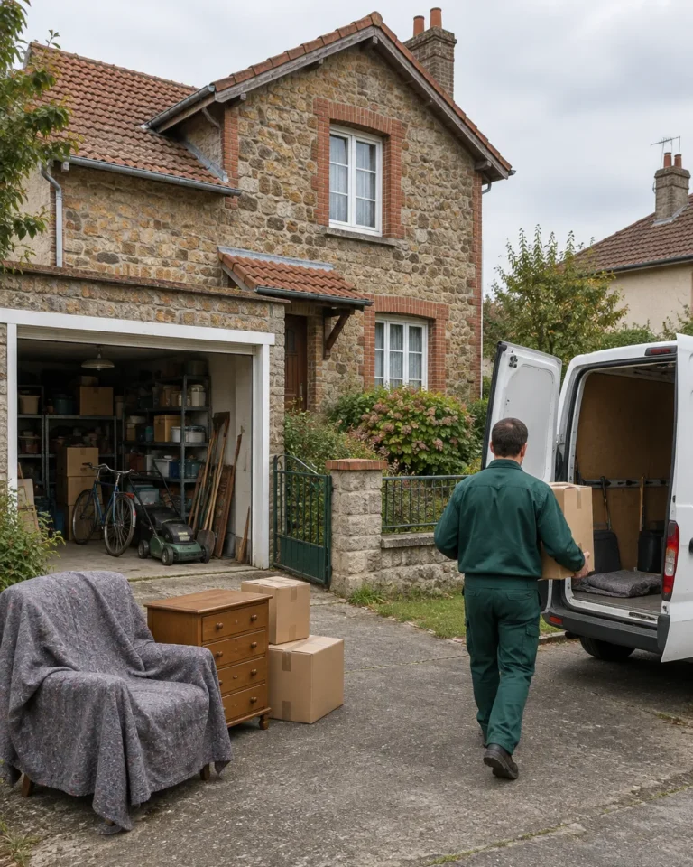 Illustration : devant un pavillon en pierre au garage ouvert et encombré, un intervenant en tenue verte charge un carton dans un utilitaire, un fauteuil protégé et une commode attendent dans l'allée.