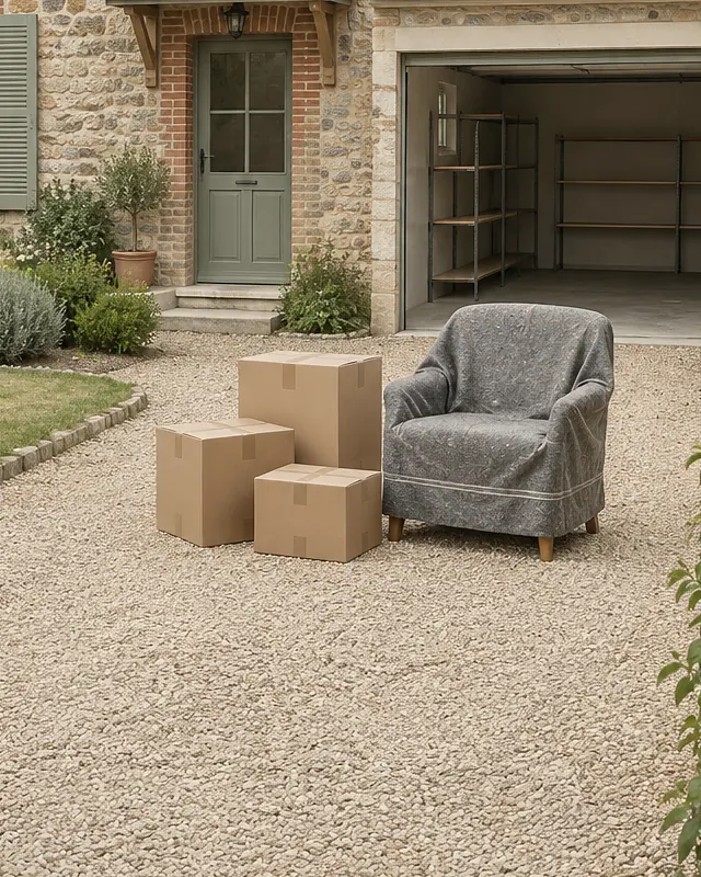 Illustration : cour d’un pavillon, cartons et fauteuil protégé devant le garage vidé