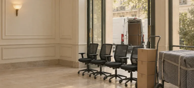 Illustration : hall d'un immeuble ancien, chaises, cartons et meuble protégé regroupés avant le départ vers le camion