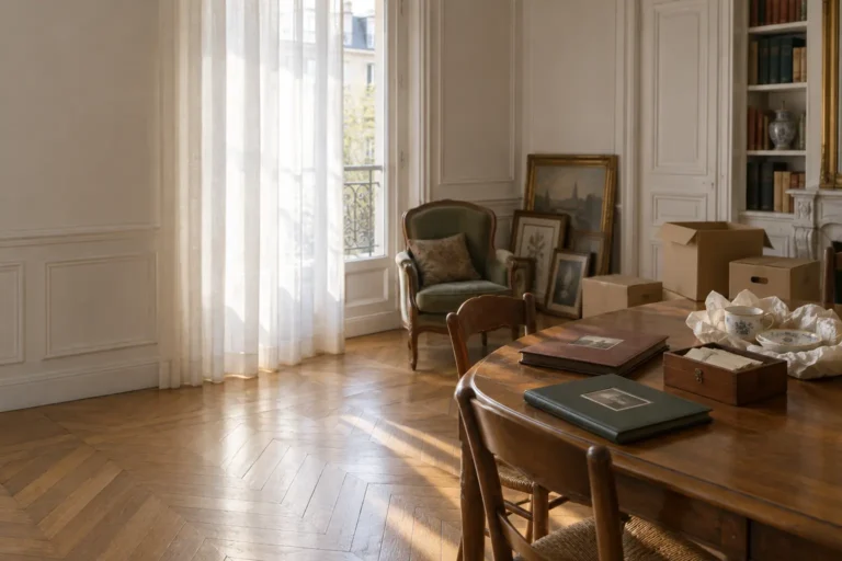 Illustration : albums et souvenirs mis de côté sur une table avant un débarras après décès