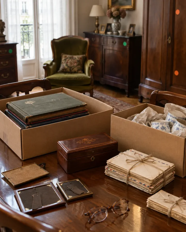 Illustration : sur la table d'un salon ancien, des cartons où sont rangés albums, lettres nouées, coffret et vaisselle mis de côté, avec des pastilles de couleur sur les meubles