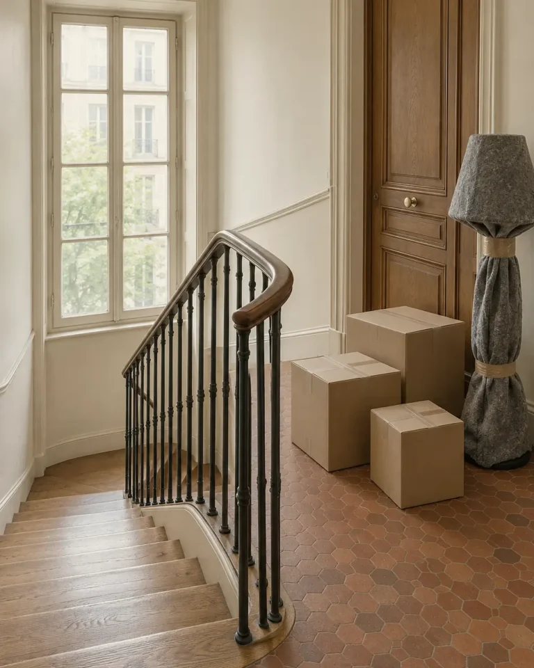 Illustration : palier d'un immeuble ancien, cartons fermés et lampe emballée devant la porte d'un appartement