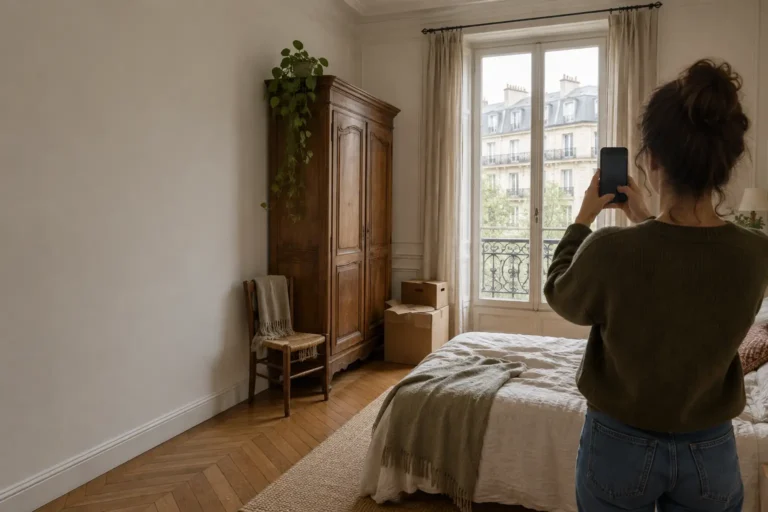 Illustration : une personne photographie une chambre avec son téléphone pour l’estimation