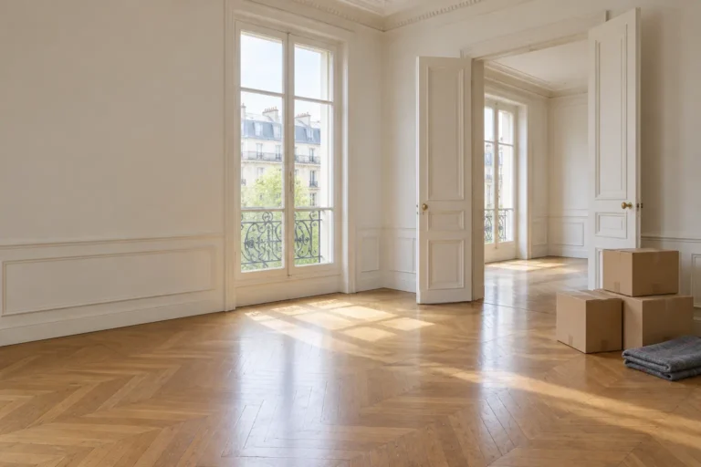 Illustration : pièce d’appartement parisien vidée, quelques cartons près de la porte