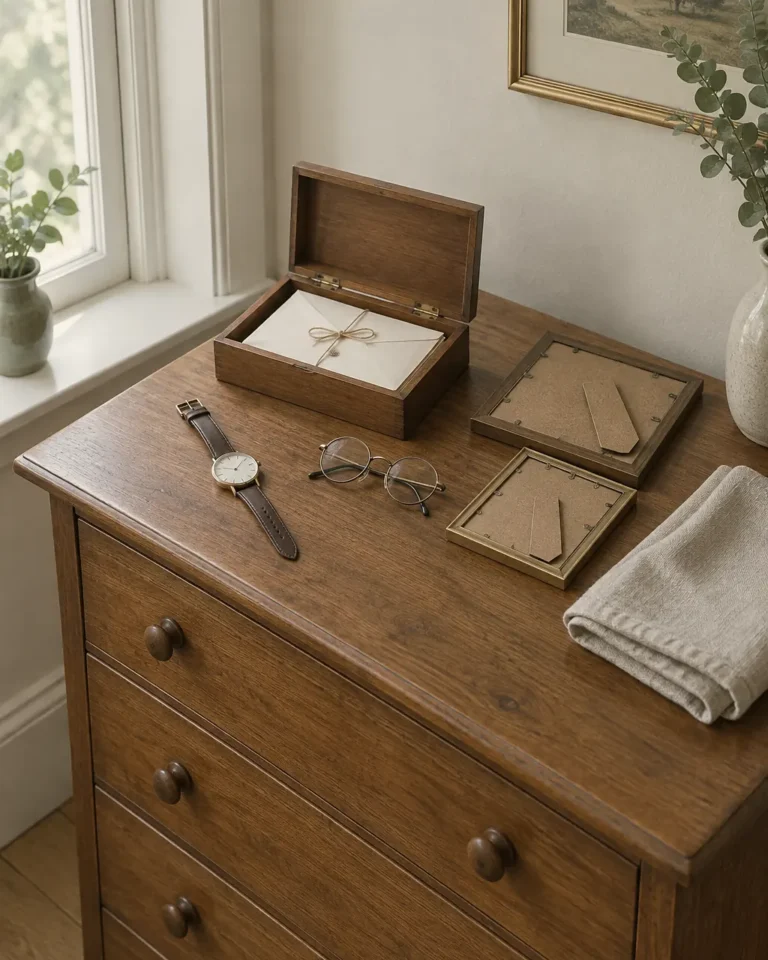 Illustration : coffret de lettres, montre et lunettes mis de côté sur une commode