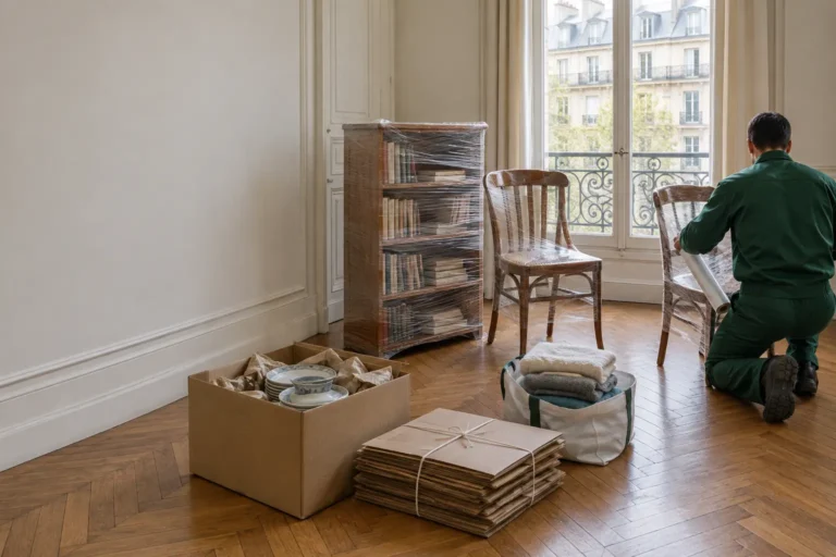 Illustration : chaises et bibliothèque filmées pour le réemploi, vaisselle et textiles triés