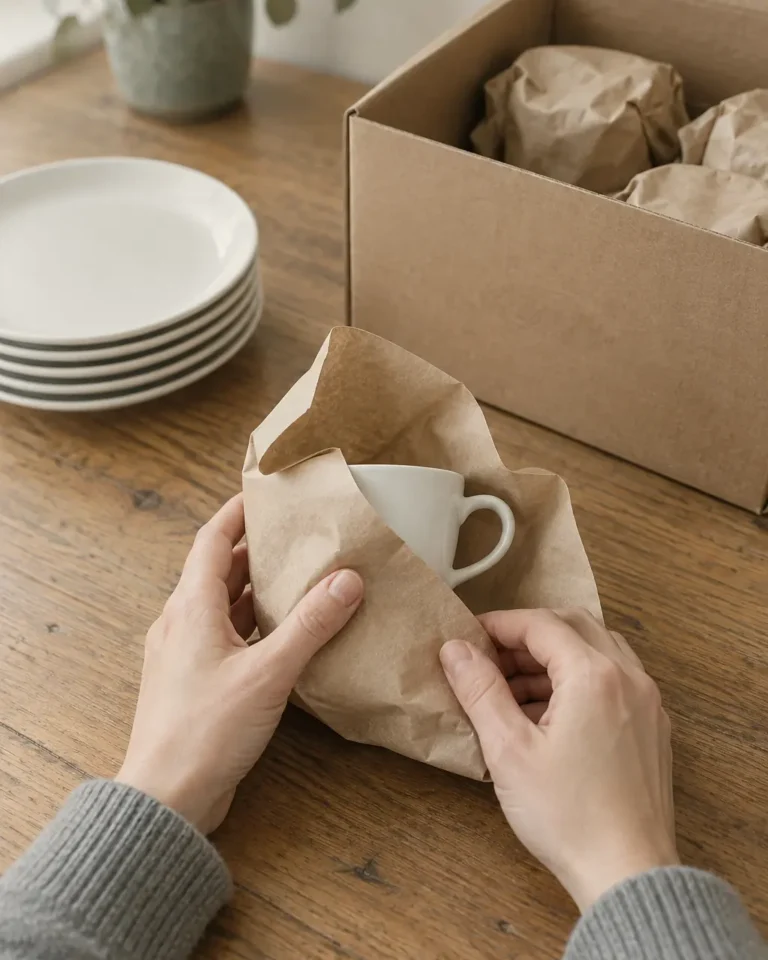 Illustration : deux mains emballent une tasse dans du papier kraft, près d'une pile d'assiettes et d'un carton